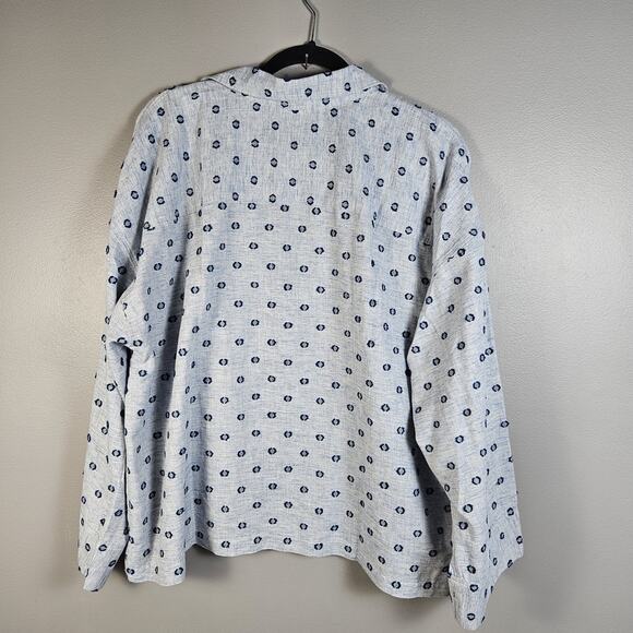 Loft Shirt Metallic Clip V-Neck Pocket Popover Linen/Cotton Blend Blue Collared - Picture 3 of 8